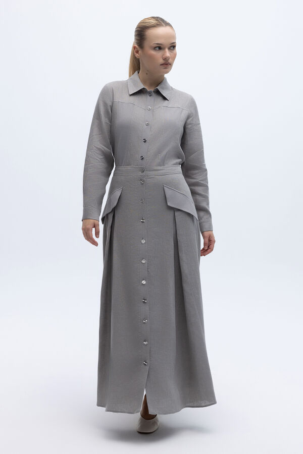 Cep Kapaklı Düğmeli A Kesim Keten Etek Gri - 2