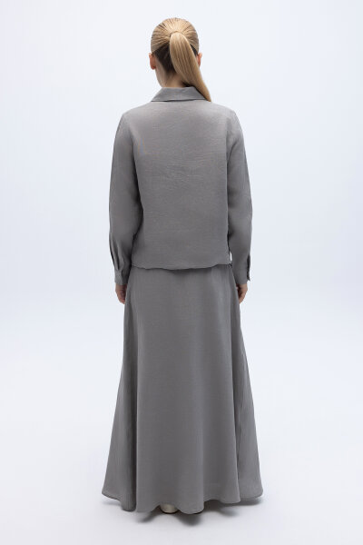 Cep Kapaklı Düğmeli A Kesim Keten Etek Gri - 3