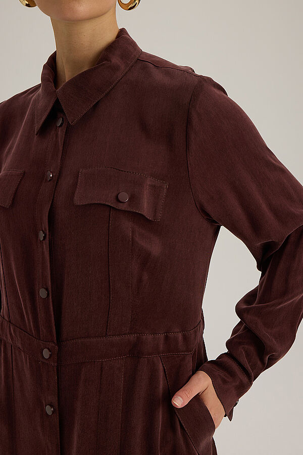  Cep Kapaklı Düz Renk Kumaş Elbise Bordo - 4