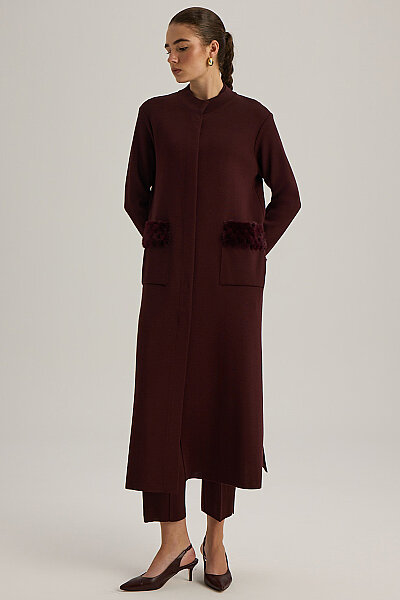  Cepleri Kürklü Uzun Ceket Bordo - 4