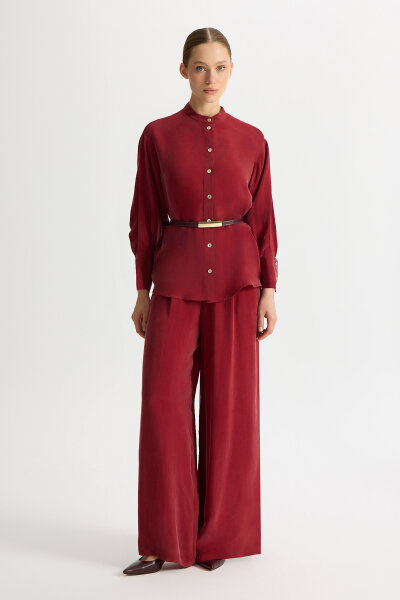 Cepli Düz Renk Cupro Pantolon Cherry - MISS DALIDA (1)