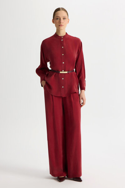 Cepli Düz Renk Cupro Pantolon Cherry - 3