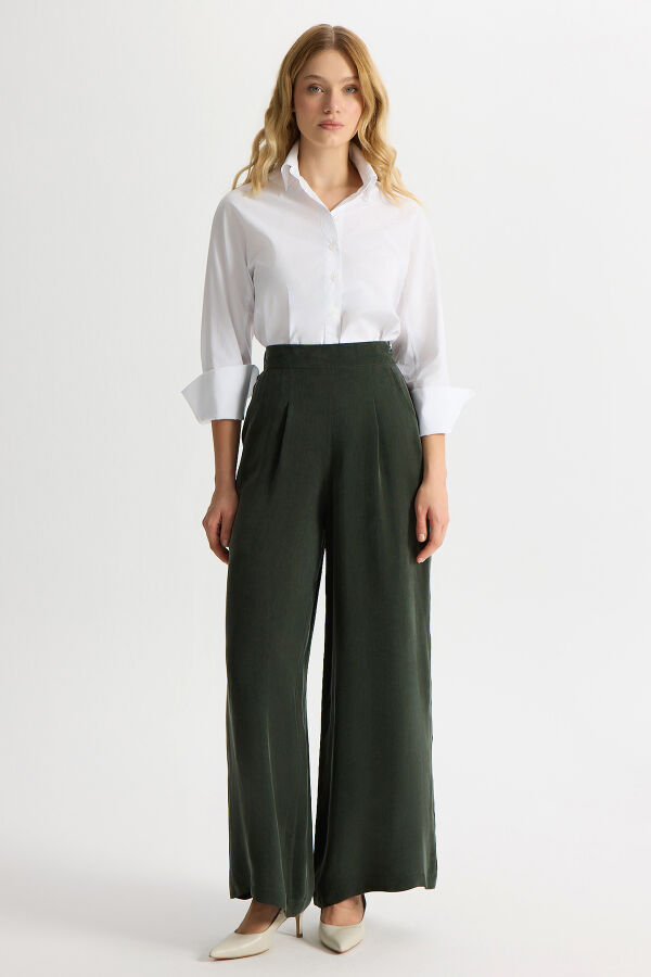 Cepli Düz Renk Cupro Pantolon Haki - 1