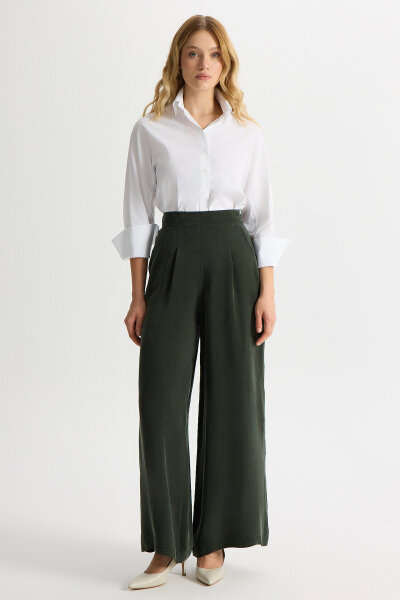 Cepli Düz Renk Cupro Pantolon Haki - MISS DALIDA