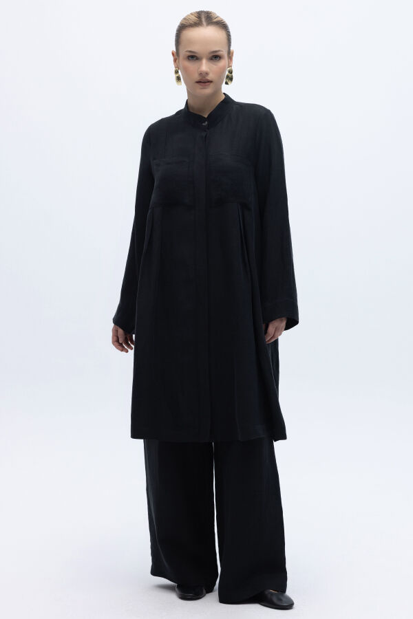 Cepli İpek Keten Bol Paça Pantolon Siyah - 1