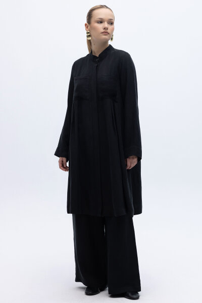 Cepli İpek Keten Bol Paça Pantolon Siyah - 3