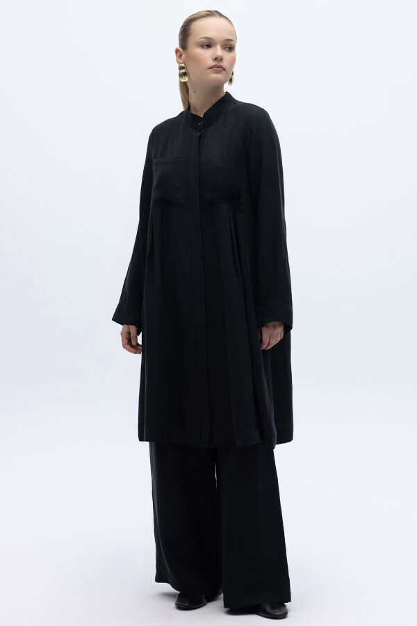 Cepli İpek Keten Bol Paça Pantolon Siyah - 3