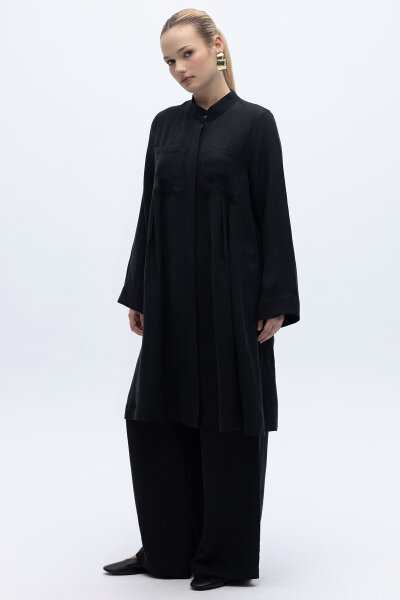 Cepli İpek Keten Bol Paça Pantolon Siyah - 4