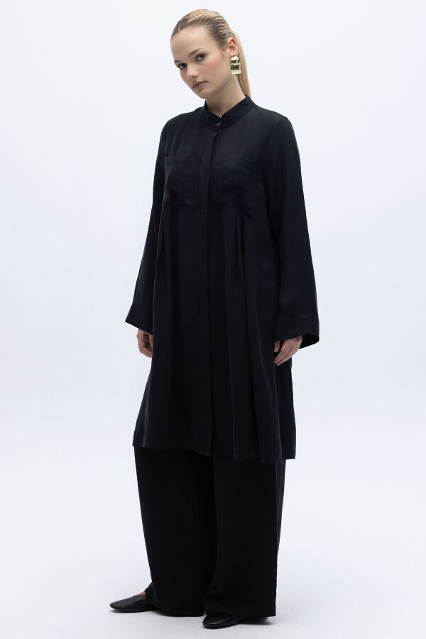 Cepli İpek Keten Bol Paça Pantolon Siyah - 4