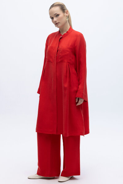 Cepli İpek Keten Bol Paça Pantolon Kırmızı - 2