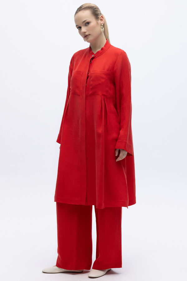 Cepli İpek Keten Bol Paça Pantolon Kırmızı - 2