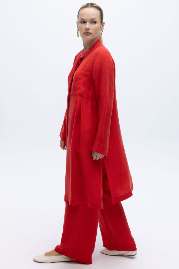 Cepli İpek Keten Bol Paça Pantolon Kırmızı - 3