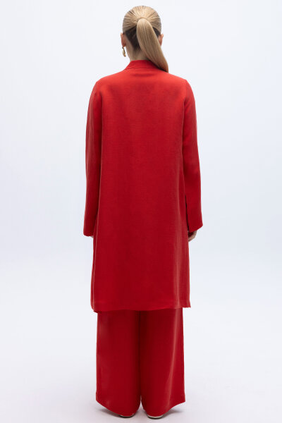 Cepli İpek Keten Bol Paça Pantolon Kırmızı - 4