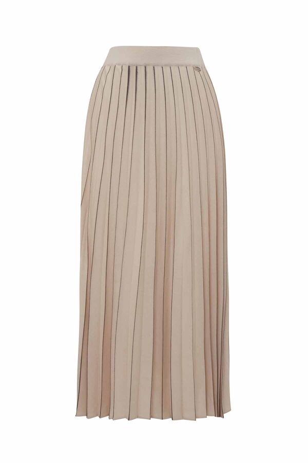 T26K-2004 Çizgi Detaylı Plise Triko Etek YY216-BEİGE - 2