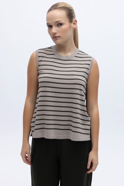 Çizgili Kolsuz Triko-Keten Tunik Haki - MISS DALIDA (1)