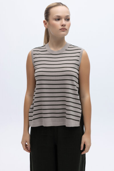 Çizgili Kolsuz Triko-Keten Tunik Haki - MISS DALIDA