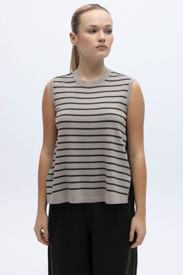 Çizgili Kolsuz Triko-Keten Tunik Haki - 1