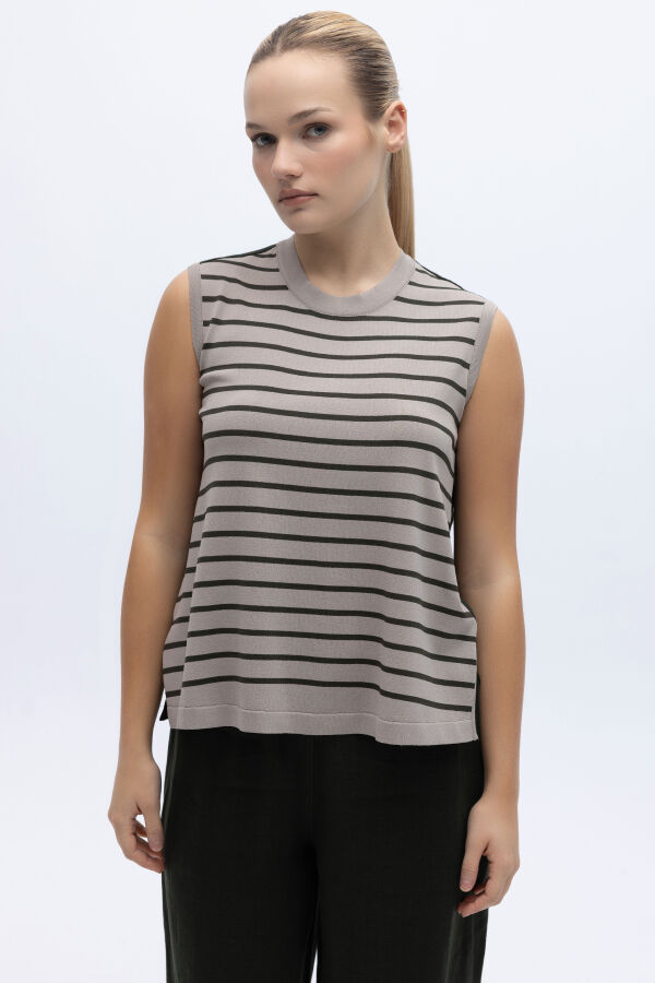 Çizgili Kolsuz Triko-Keten Tunik Haki - 2