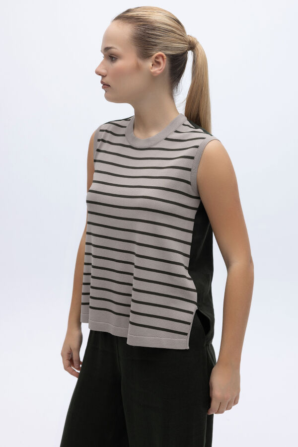 Çizgili Kolsuz Triko-Keten Tunik Haki - 3