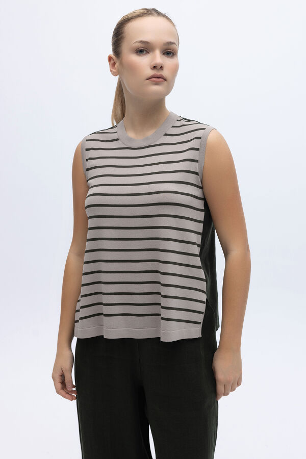 Çizgili Kolsuz Triko-Keten Tunik Haki - 4