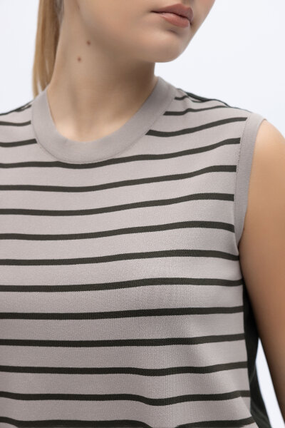 Çizgili Kolsuz Triko-Keten Tunik Haki - 5