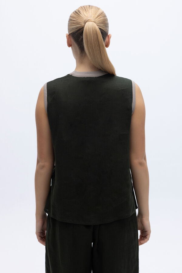 Çizgili Kolsuz Triko-Keten Tunik Haki - 6