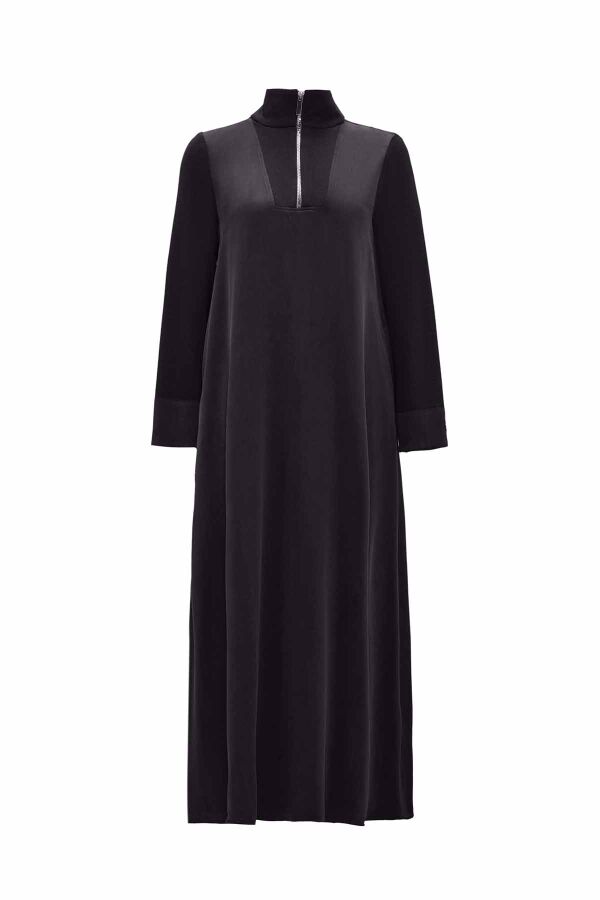 Collar Detailed Dark Gray Dress - 1