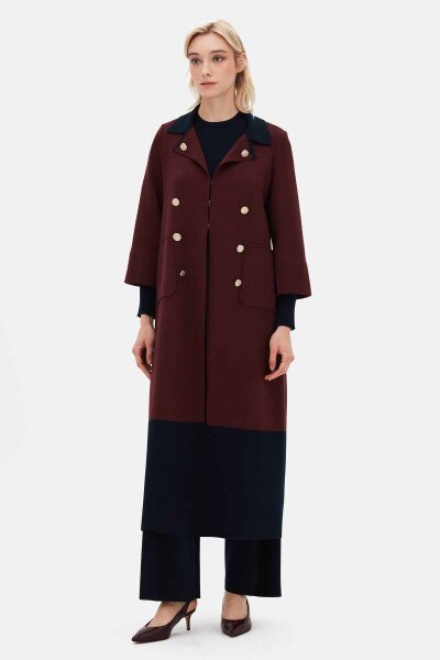 Color Block Double Button Cardigan Burgundy - 1