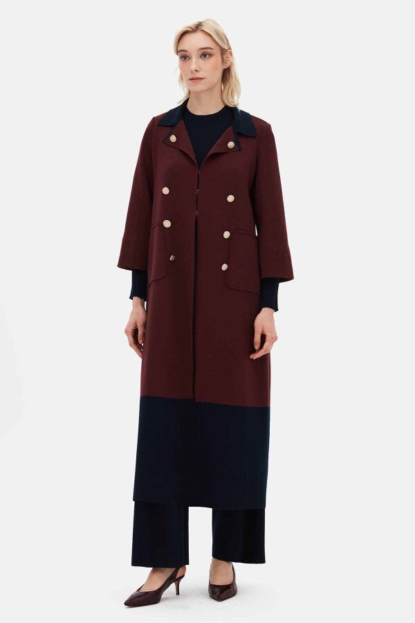 Color Block Double Button Cardigan Burgundy - 1