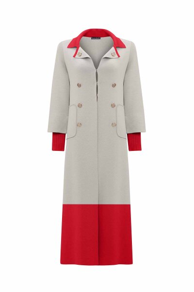 Color Block Double Button Cardigan – Stone & Red 