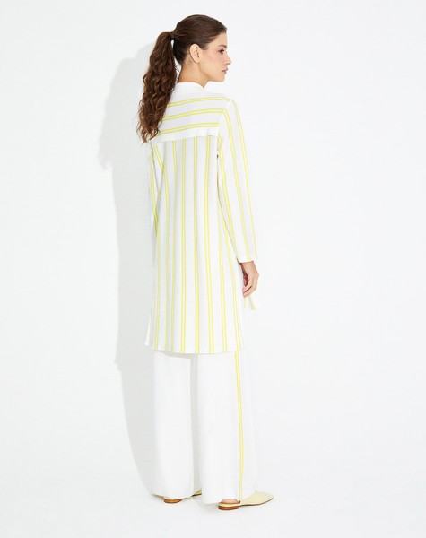 T23Y-8004 Colored Buttoned Striped Shirt Collar Tunic - 5