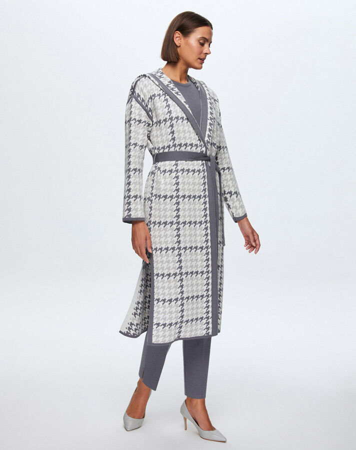 T24K-9008 Houndstooth Patterned Belted Cardigan - 5