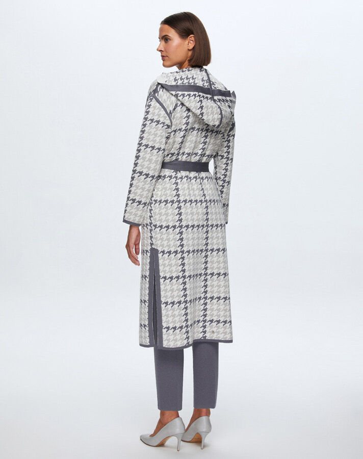 T24K-9008 Houndstooth Patterned Belted Cardigan - 6
