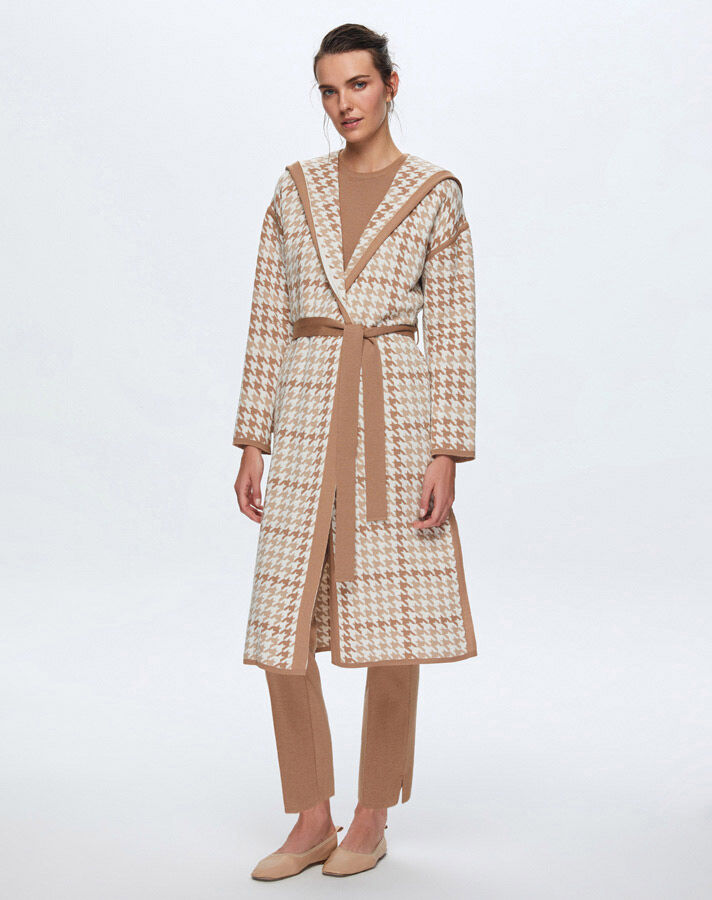T24K-9008 Houndstooth Patterned Belted Cardigan - 3