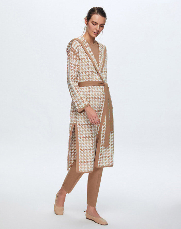 T24K-9008 Houndstooth Patterned Belted Cardigan - 4