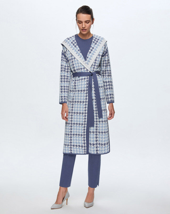 T24K-9008 Houndstooth Patterned Belted Cardigan - 7