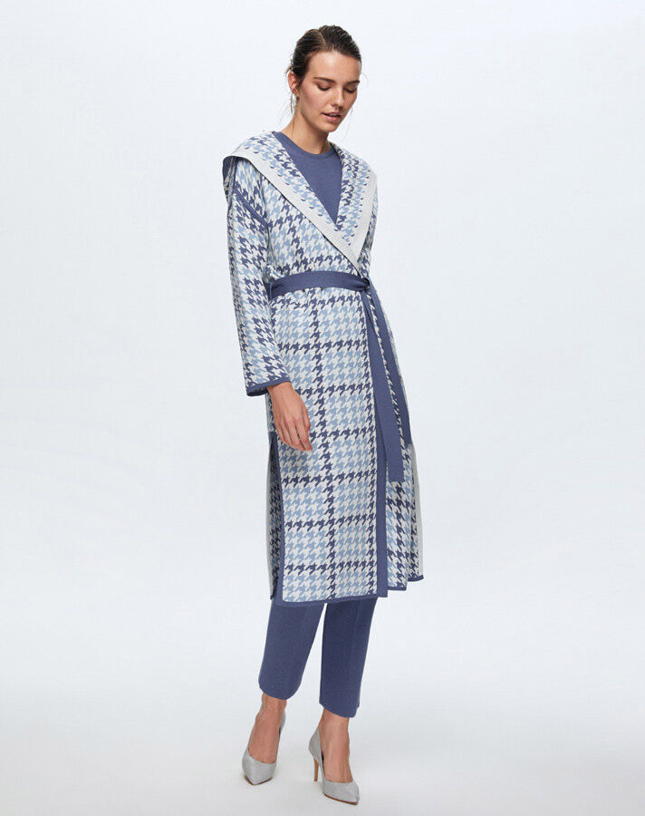 T24K-9008 Houndstooth Patterned Belted Cardigan - 8