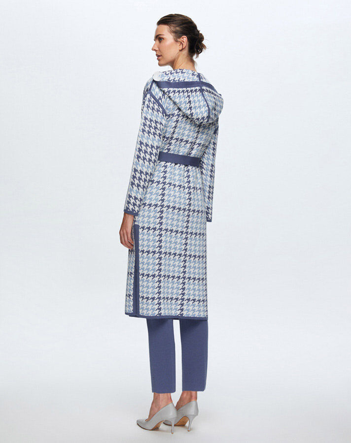 T24K-9008 Houndstooth Patterned Belted Cardigan - 9