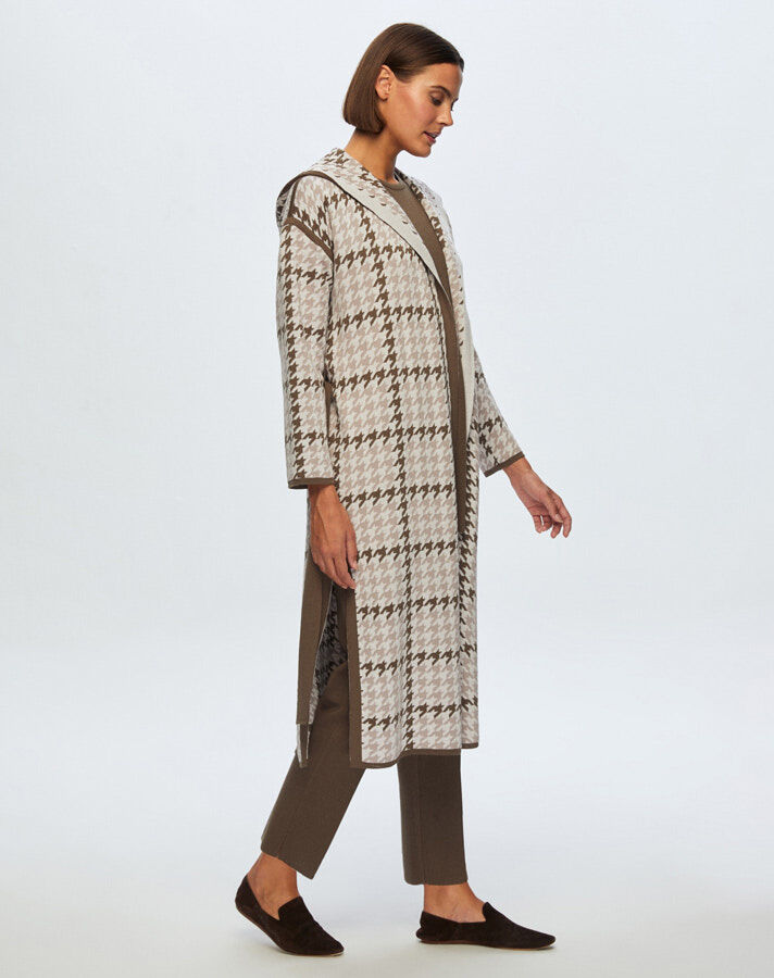 T24K-9008 Houndstooth Patterned Belted Cardigan - 1