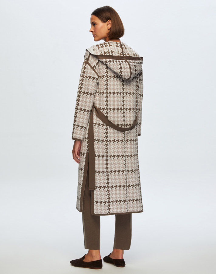 T24K-9008 Houndstooth Patterned Belted Cardigan - 2