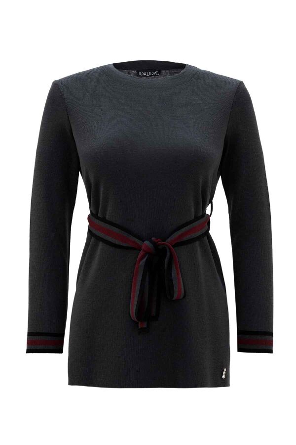Dark Grey Knit Tunic with Waist Tie Detail - 1