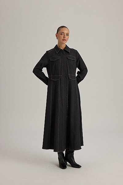  Dikiş Detaylı Denim Trenchkot Siyah - 3