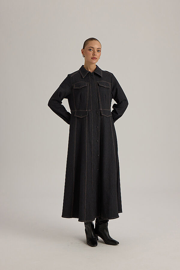  Dikiş Detaylı Denim Trenchkot Siyah - 3
