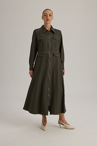  Dikiş Detaylı Denim Trenchkot Yeşil - 4
