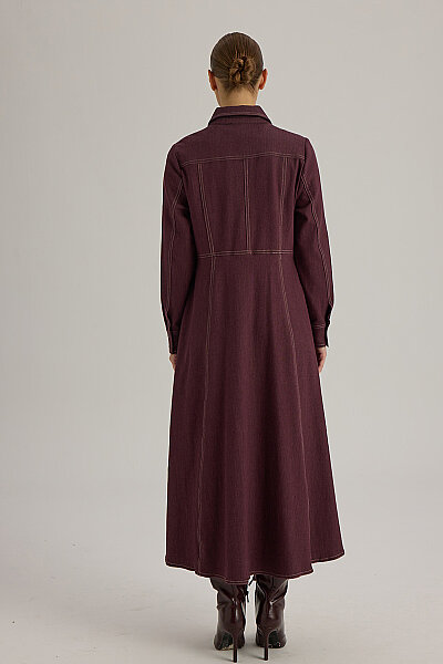  Dikiş Detaylı Denim Trenchkot Bordo - 6
