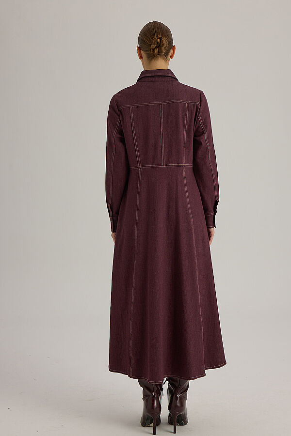  Dikiş Detaylı Denim Trenchkot Bordo - 6