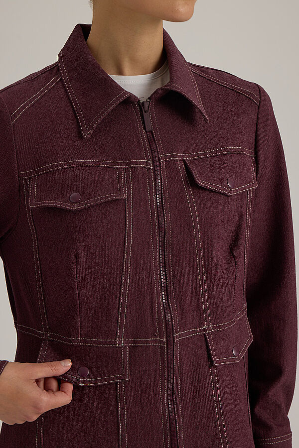  Dikiş Detaylı Denim Trenchkot Bordo - 5