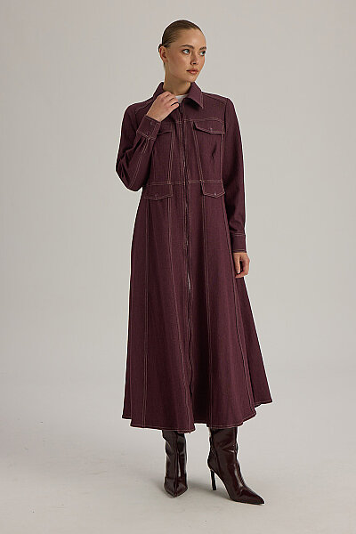  Dikiş Detaylı Denim Trenchkot Bordo - 4