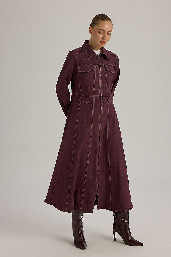  Dikiş Detaylı Denim Trenchkot Bordo - 3