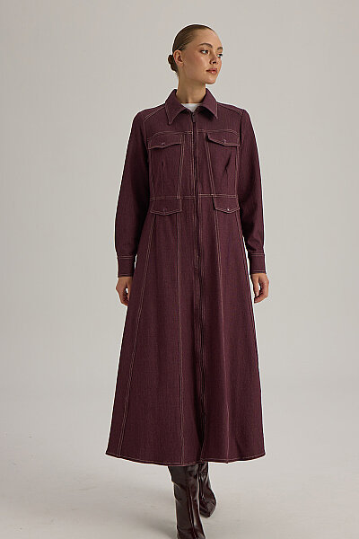  Dikiş Detaylı Denim Trenchkot Bordo - Miss Dalida (1)